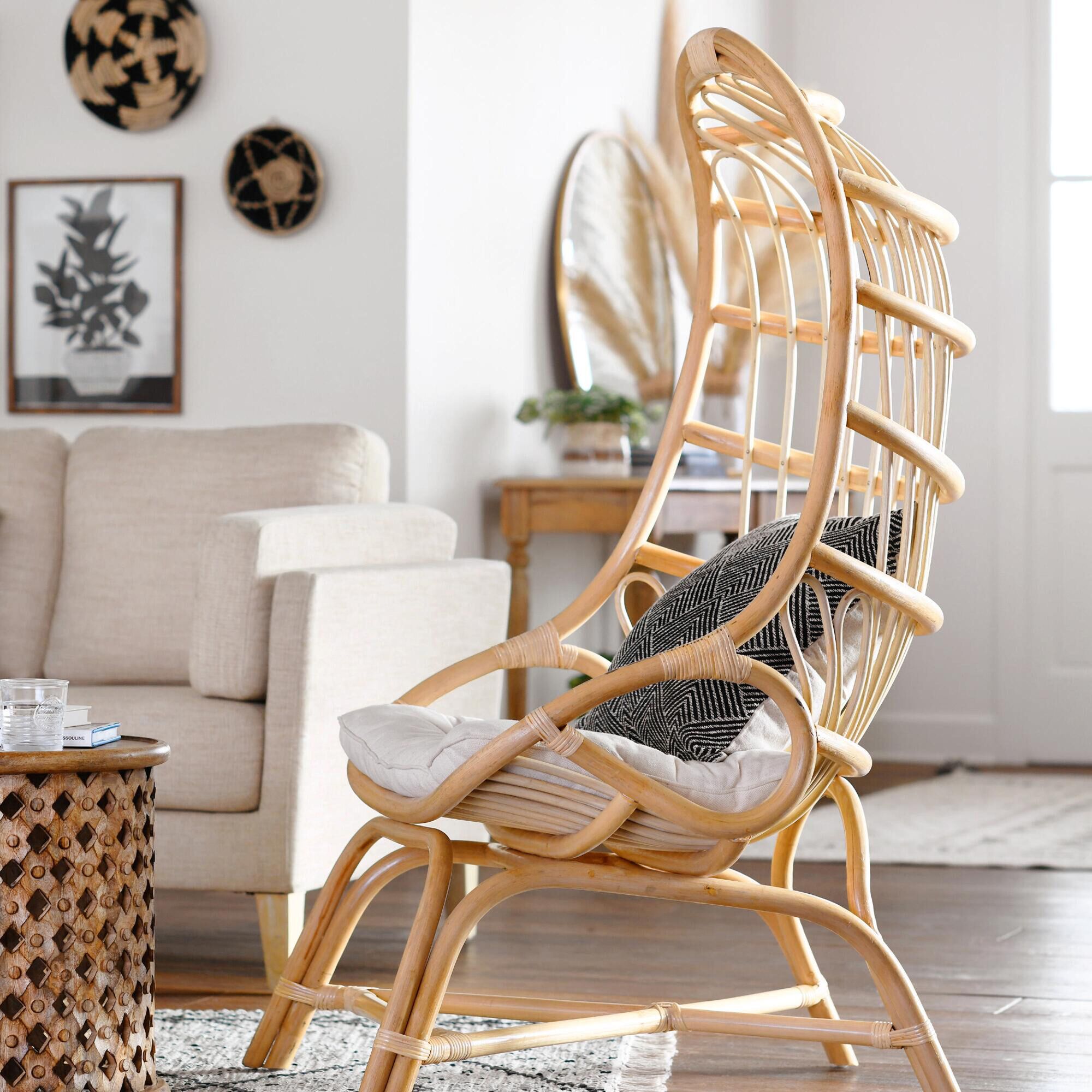 Fallon Natural Rattan Cocoon Chair with Cushion - World Market
