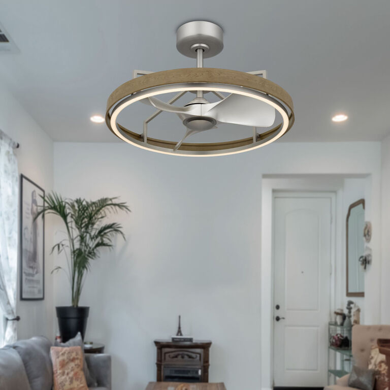 Stedham Brushed Steel and Faux Wood Ceiling Light with Fan image number 2