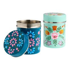 Small Hand Painted Metal Floral Storage Canister