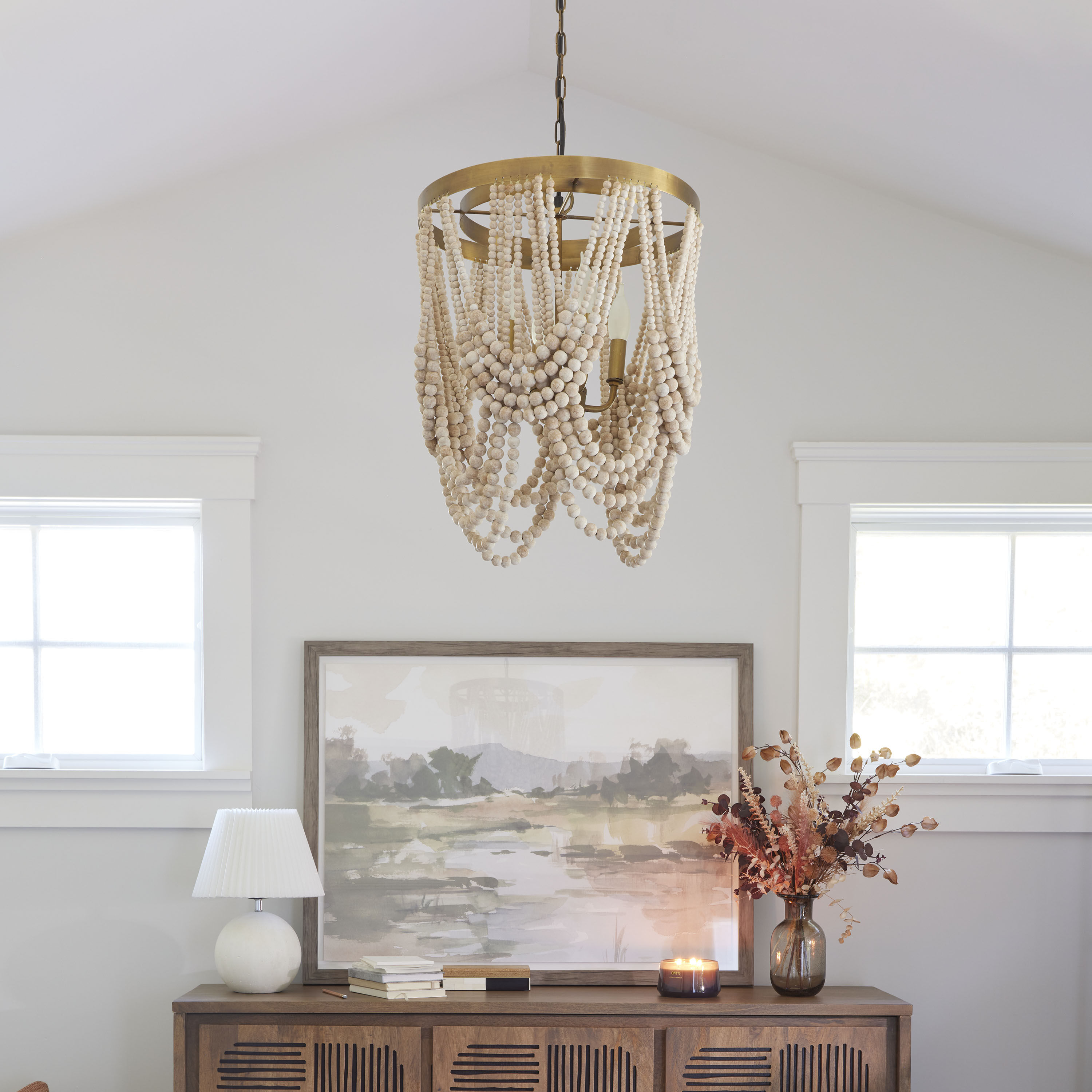 Whitewashed Wood Draped Bead 4 Light Chandelier