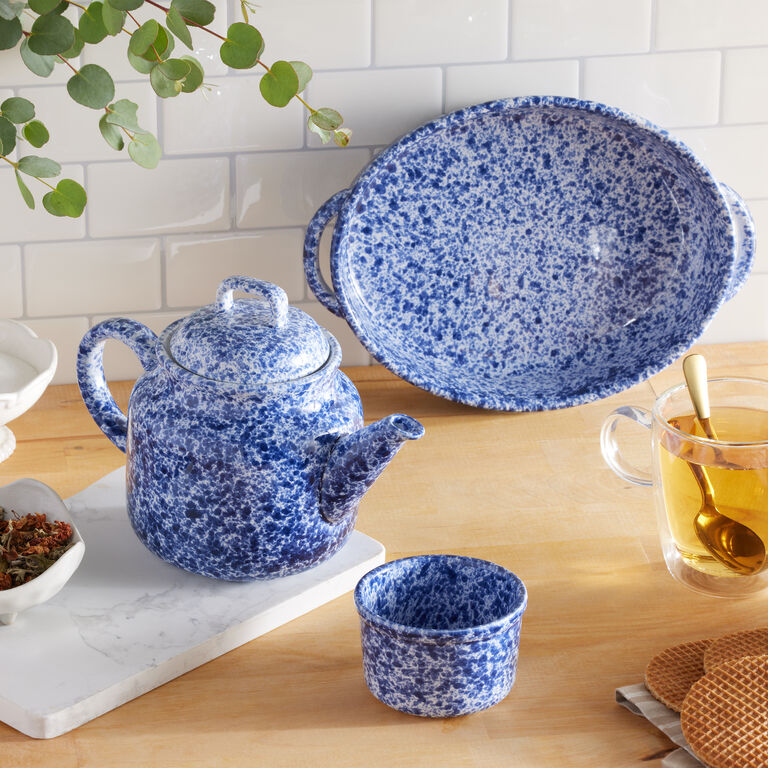 Awaken Blue and White Speckled Ceramic Teapot - World Market