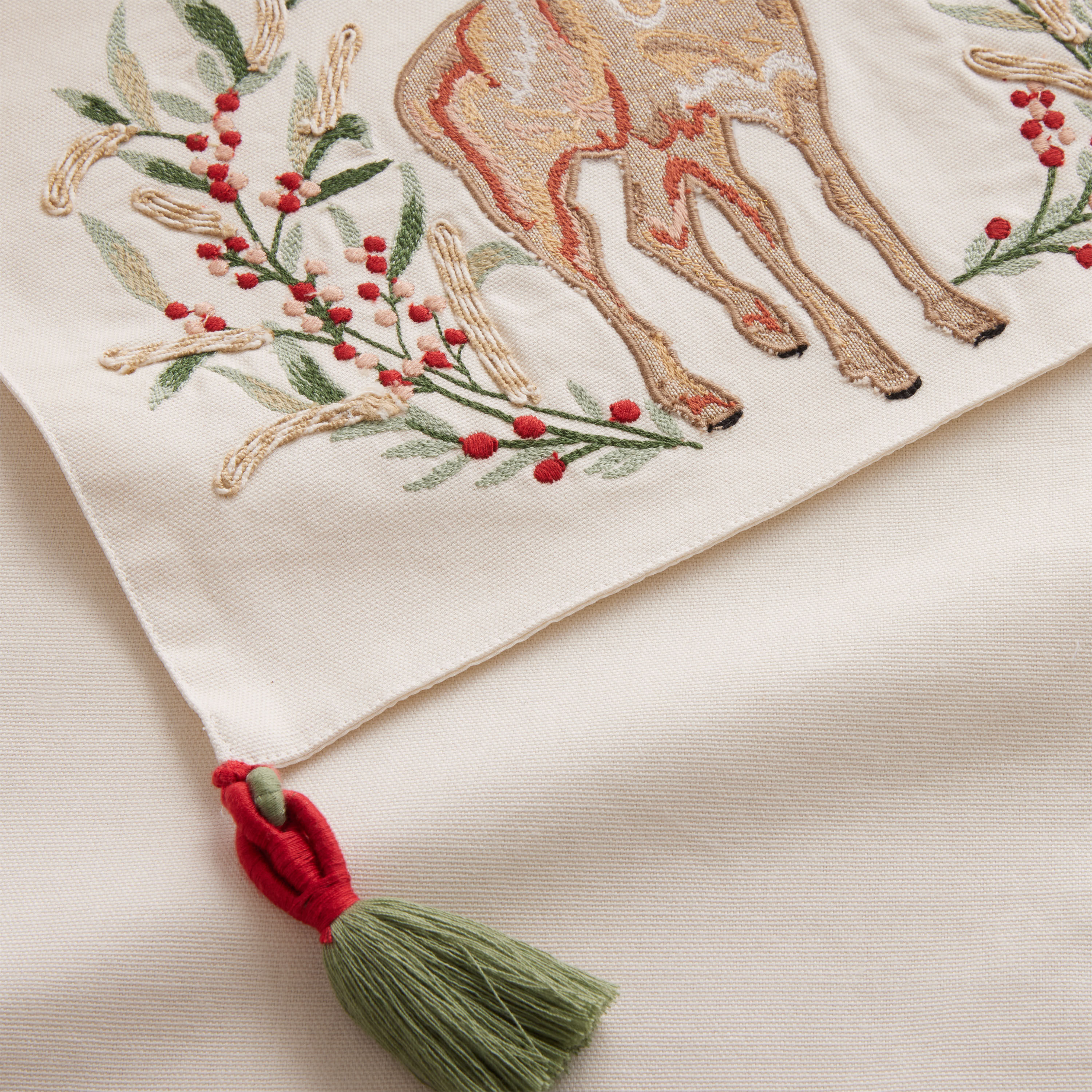 White And Green Embroidered Woodland Deer Table Runner - World Market