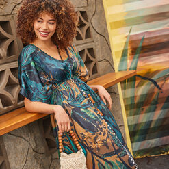 Mira Blue And Brown Satin Tropical Mixed Print Kaftan Dress