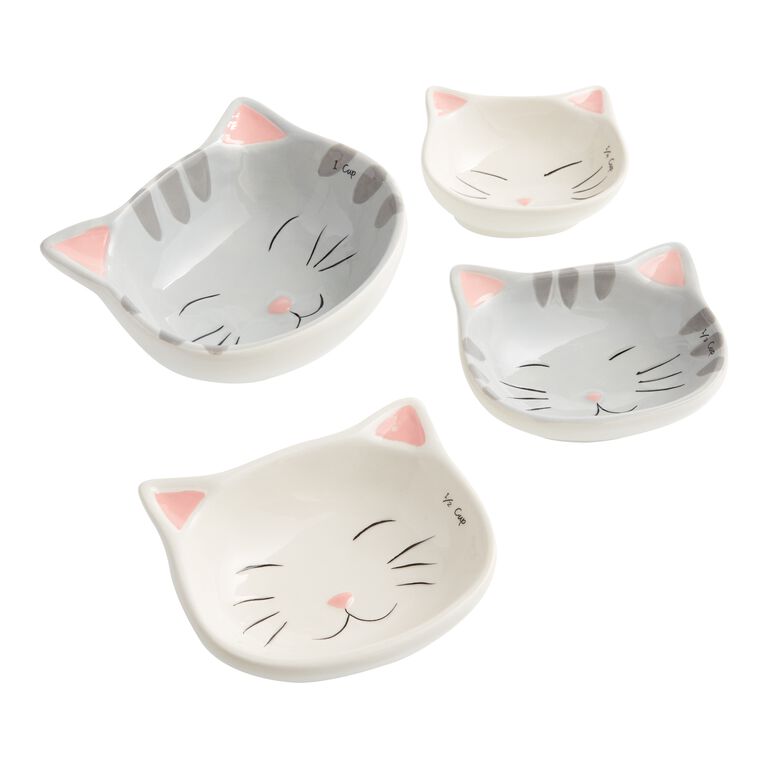 White and Gray Set of 4 Cat Shaped Ceramic Measuring Spoons Baking
