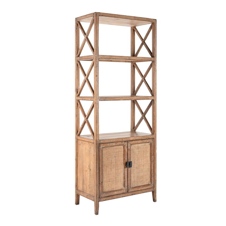 Averill Reclaimed Pine And Cane Bookshelf With Cabinet - World Market