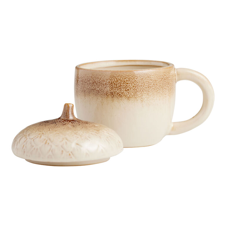 Tan And White Reactive Glaze Acorn Lidded Ceramic Mug image number 3