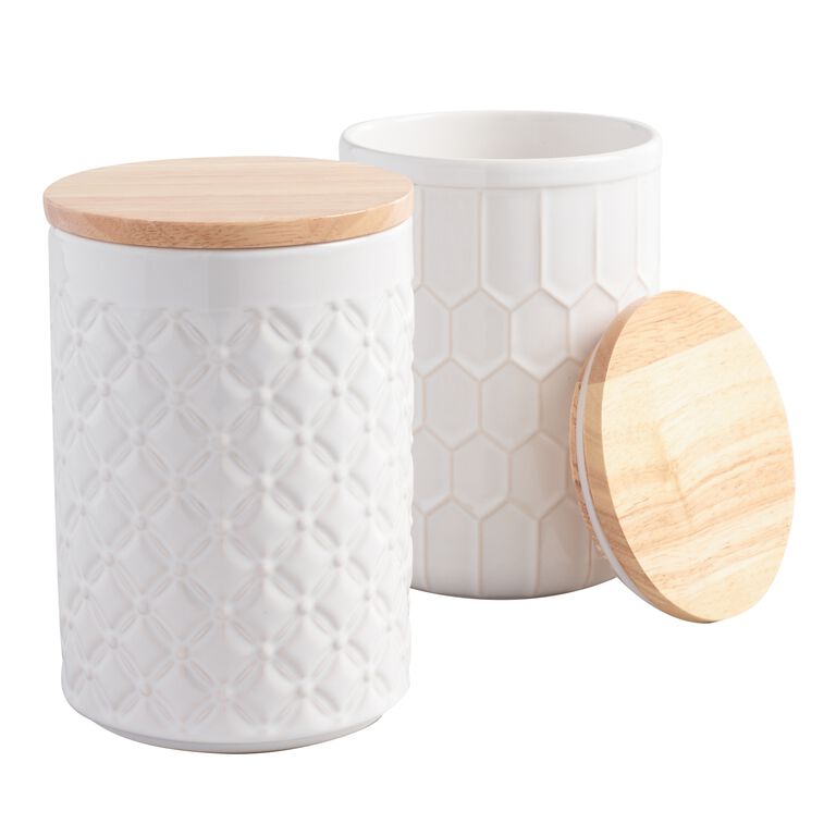 Plastic Storage Baskets with Bamboo Wooden Lids - White - Set of 2 