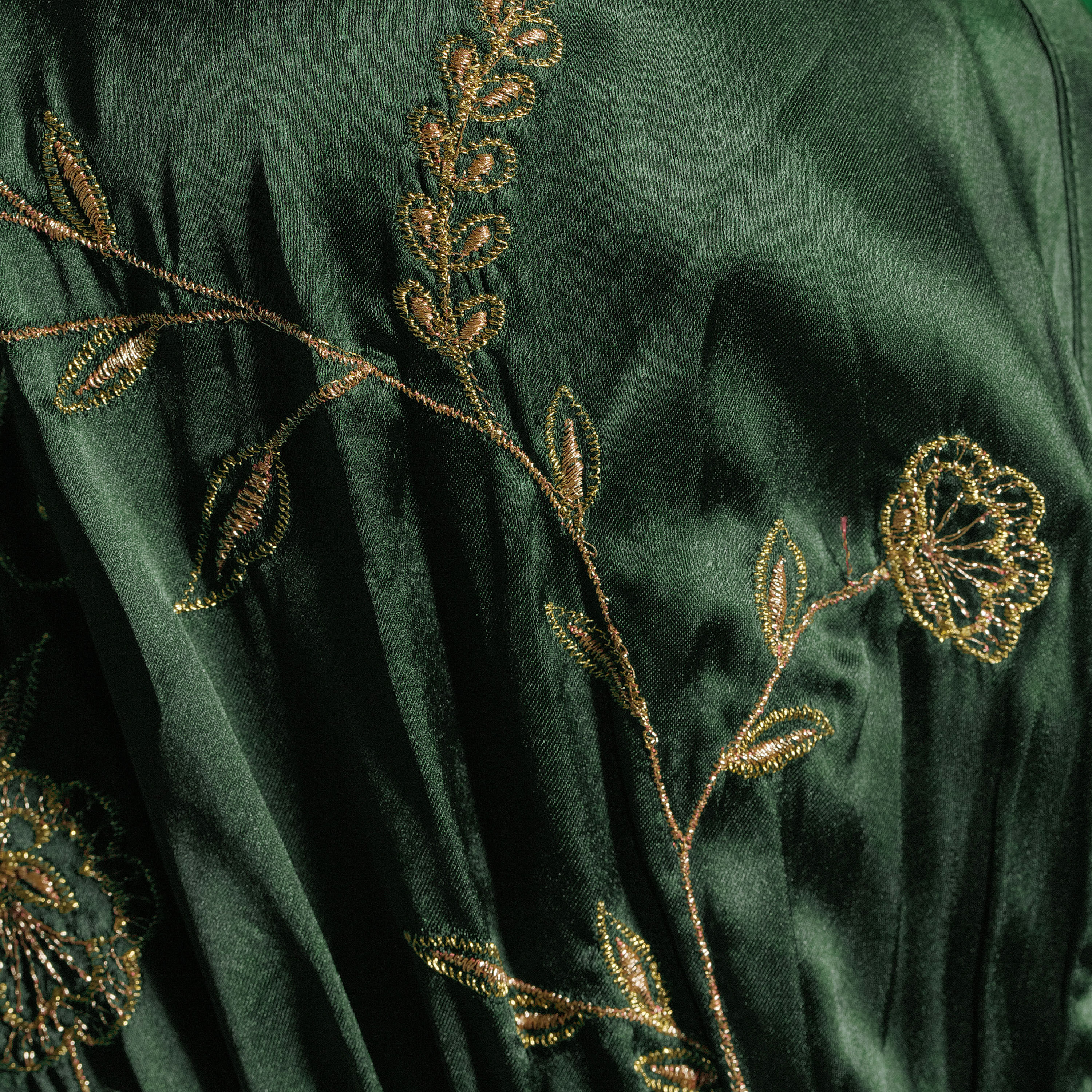 Mira Pine Green Satin Floral Embroidered Kaftan Dress - World Market