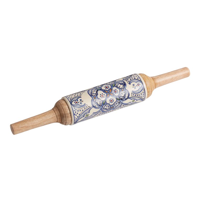 Tunis White and Blue Ceramic and Wood Paper Towel Holder by World Market