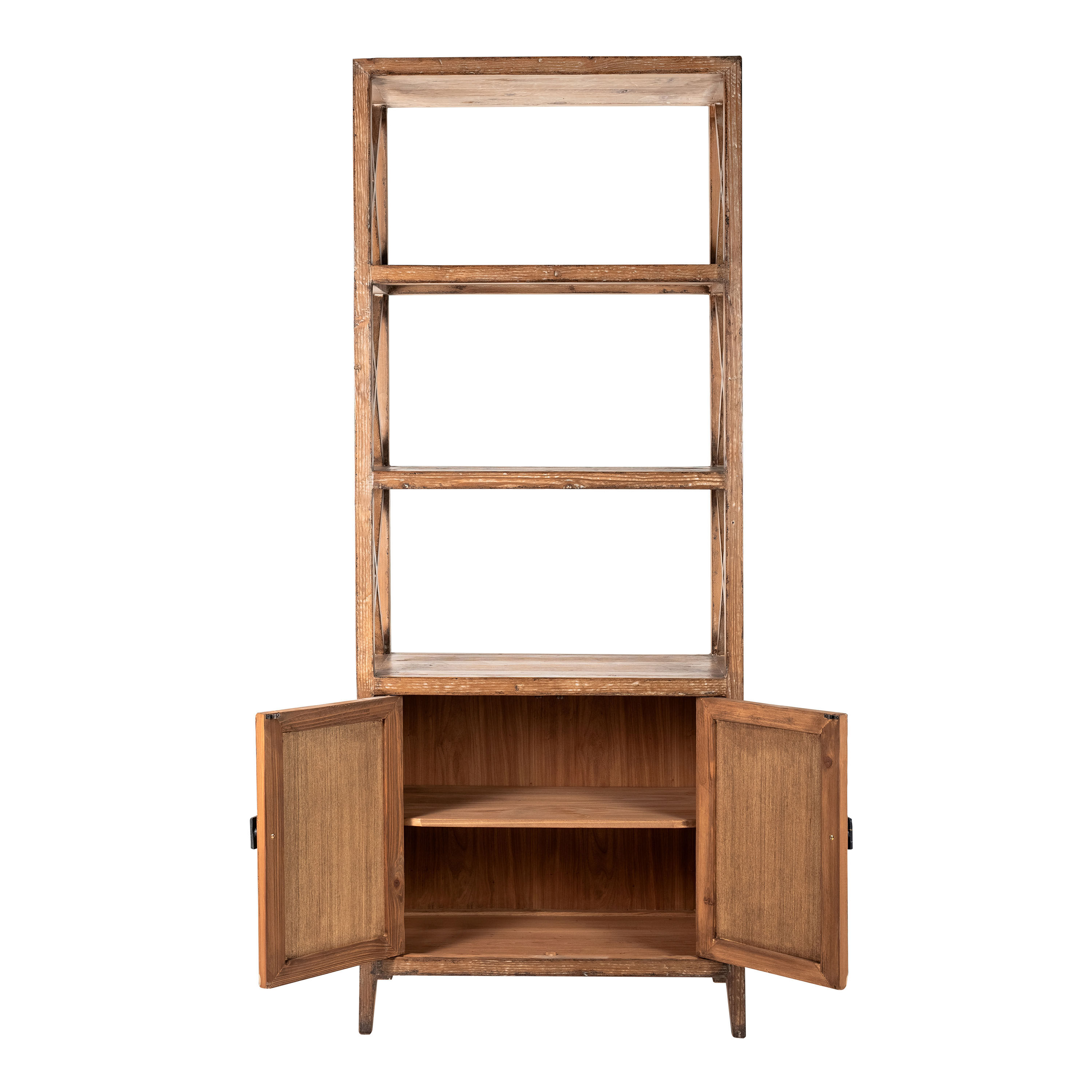 Averill Reclaimed Pine And Cane Bookshelf With Cabinet