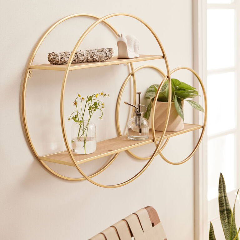 Natural Wood and Gold 3 Tier Wall Shelf - World Market