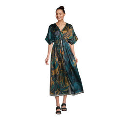 Mira Blue And Brown Satin Tropical Mixed Print Kaftan Dress