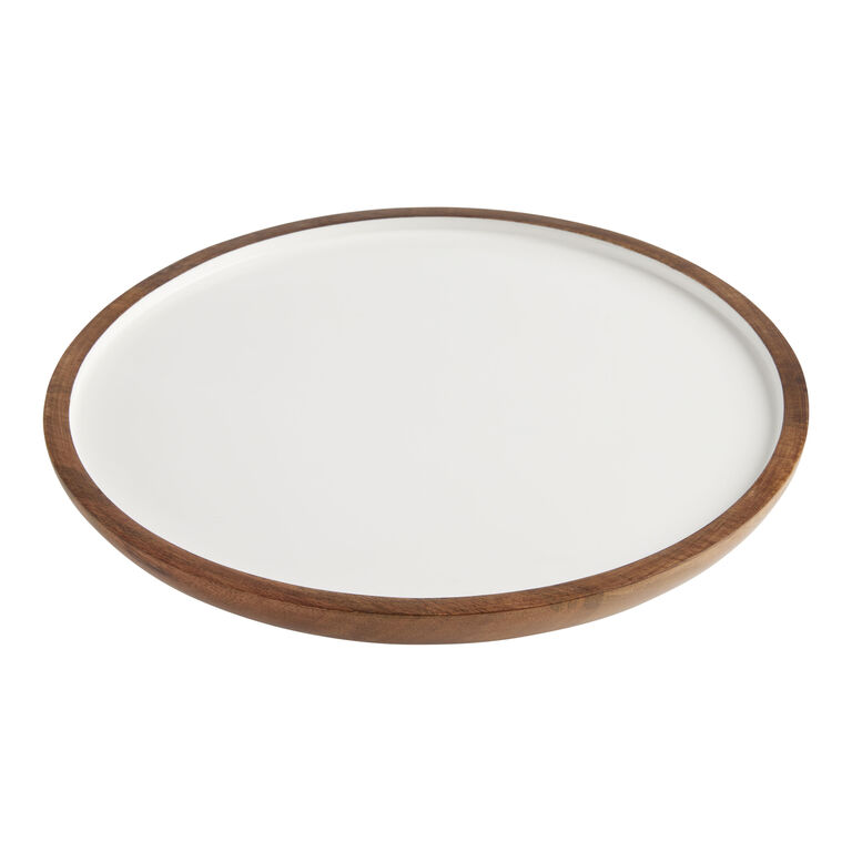 Round White Enamel Wood Serving Platter image number 1