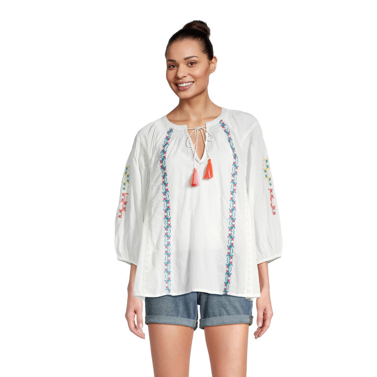 Selina White Embroidered Peasant Top image number 1