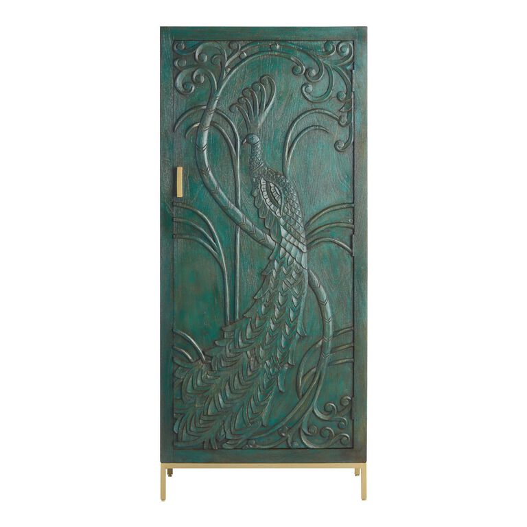 CRAFT Tall Teal Carved Wood Peacock Storage Cabinet image number 3