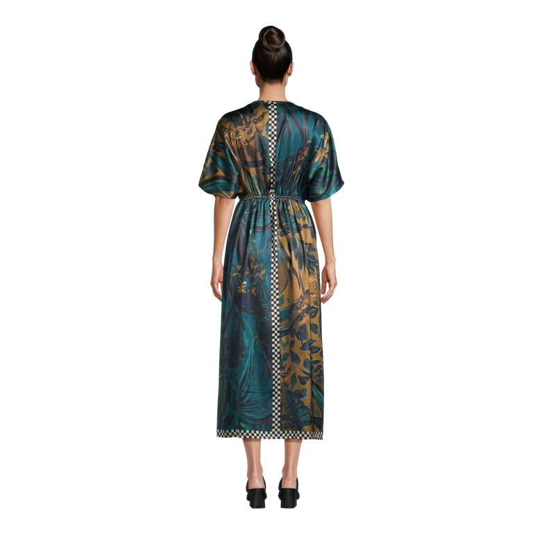 Mira Blue And Brown Satin Tropical Mixed Print Kaftan Dress image number 3