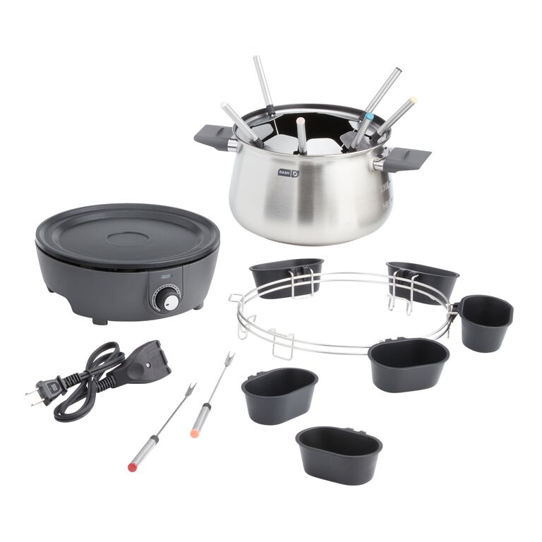 Dash Deluxe Stainless Steel Fondue Maker with Temperature Control, Fondue  Forks, Cup 