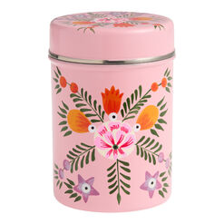 Medium Pink Hand Painted Metal Floral Storage Canister
