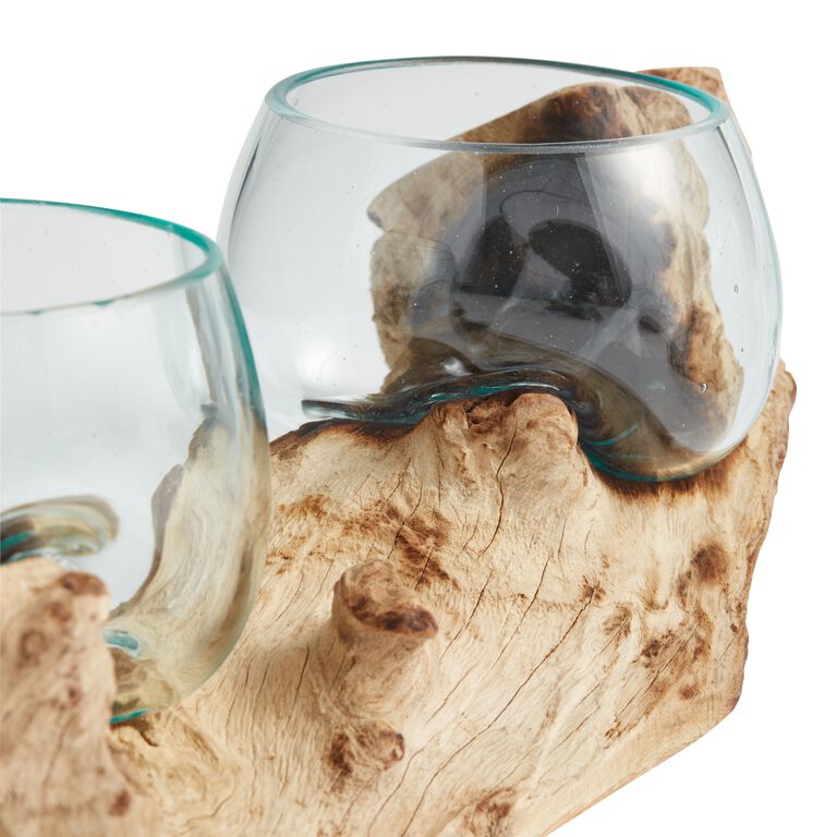 Natural Driftwood and Blown Glass Double Bowl Decor image number 3