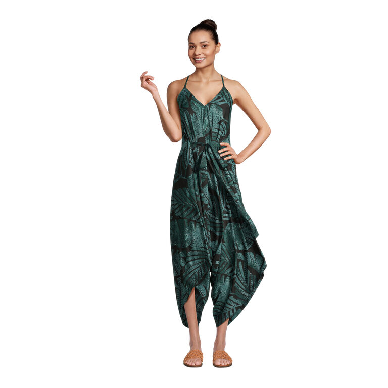 Goa Green And Black Satin Jakarta Palm Jumpsuit With Pockets image number 1