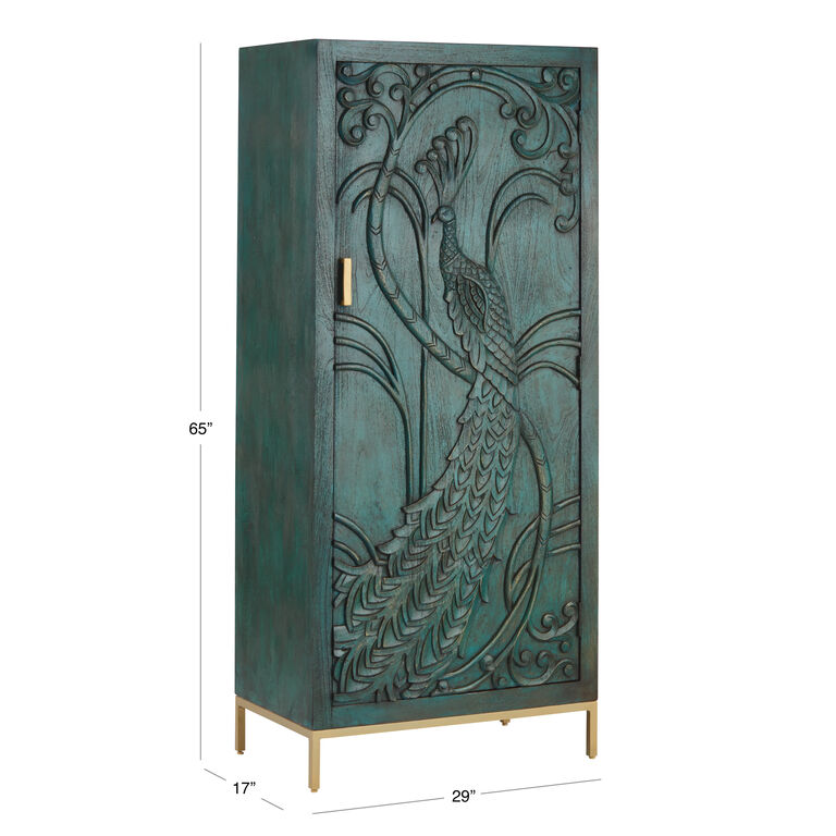 CRAFT Tall Teal Carved Wood Peacock Storage Cabinet image number 7