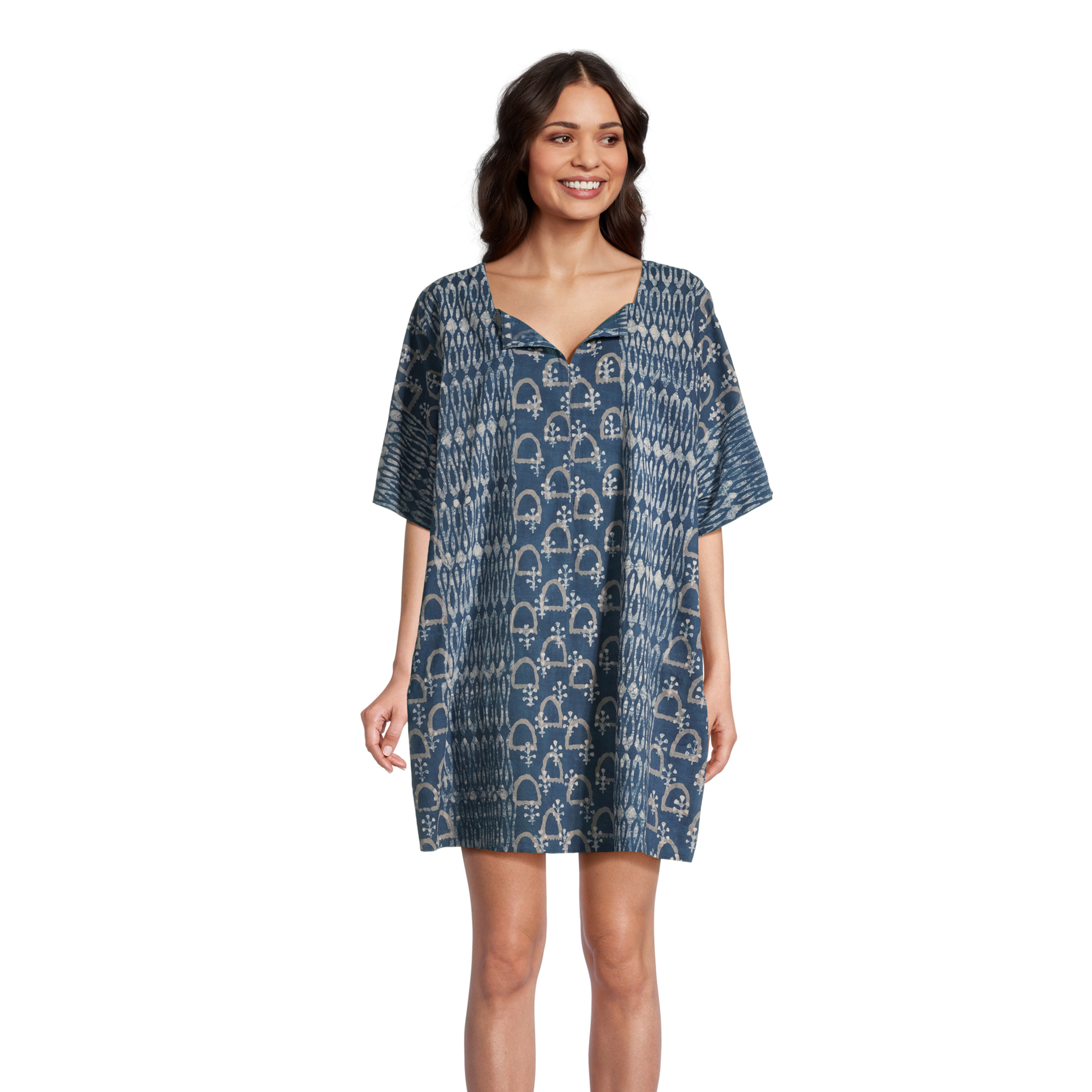 Indigo and White Abstract Geo Kaftan Dress With Pockets - World Market