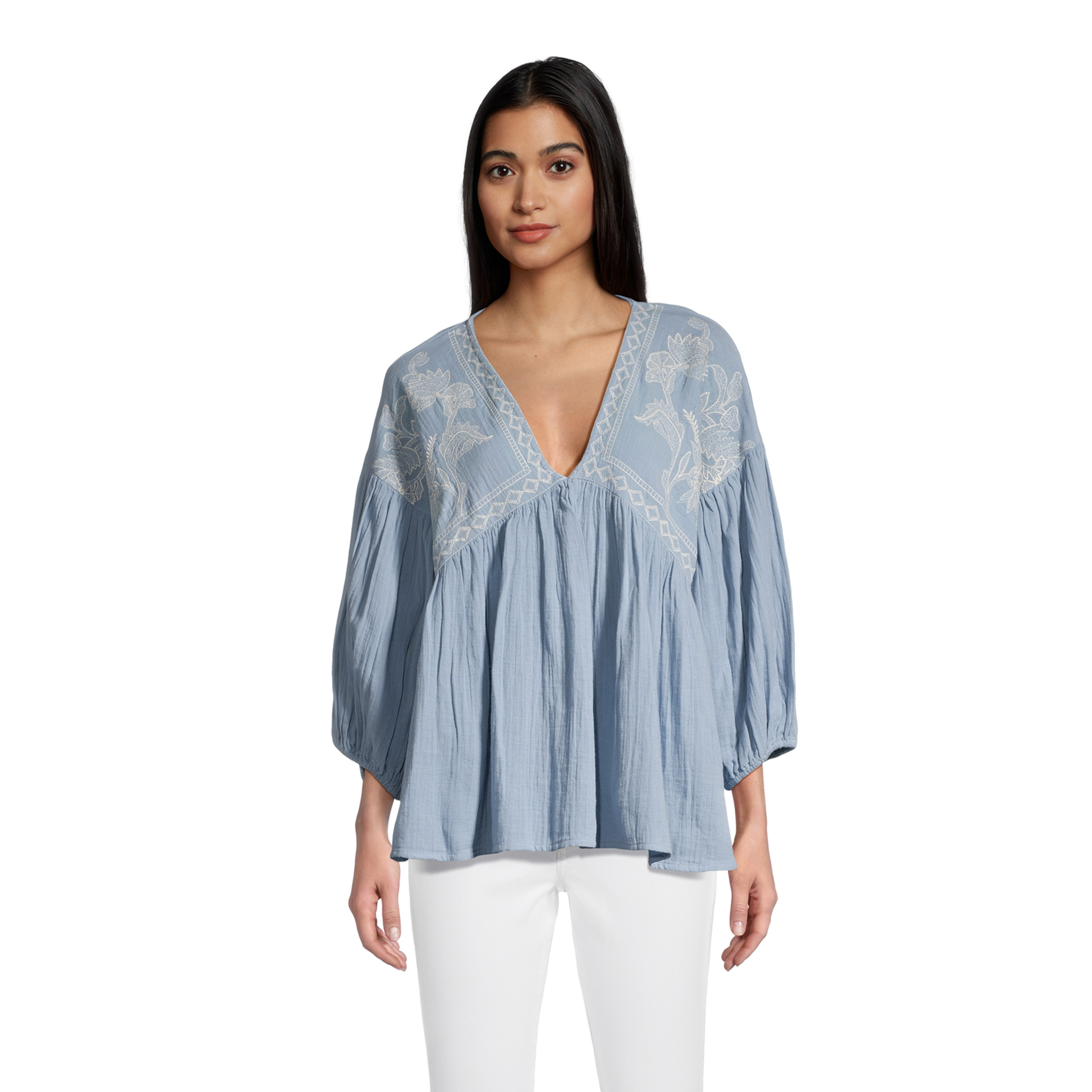 Rumi Cornflower Blue Embroidered Peasant Top - World Market