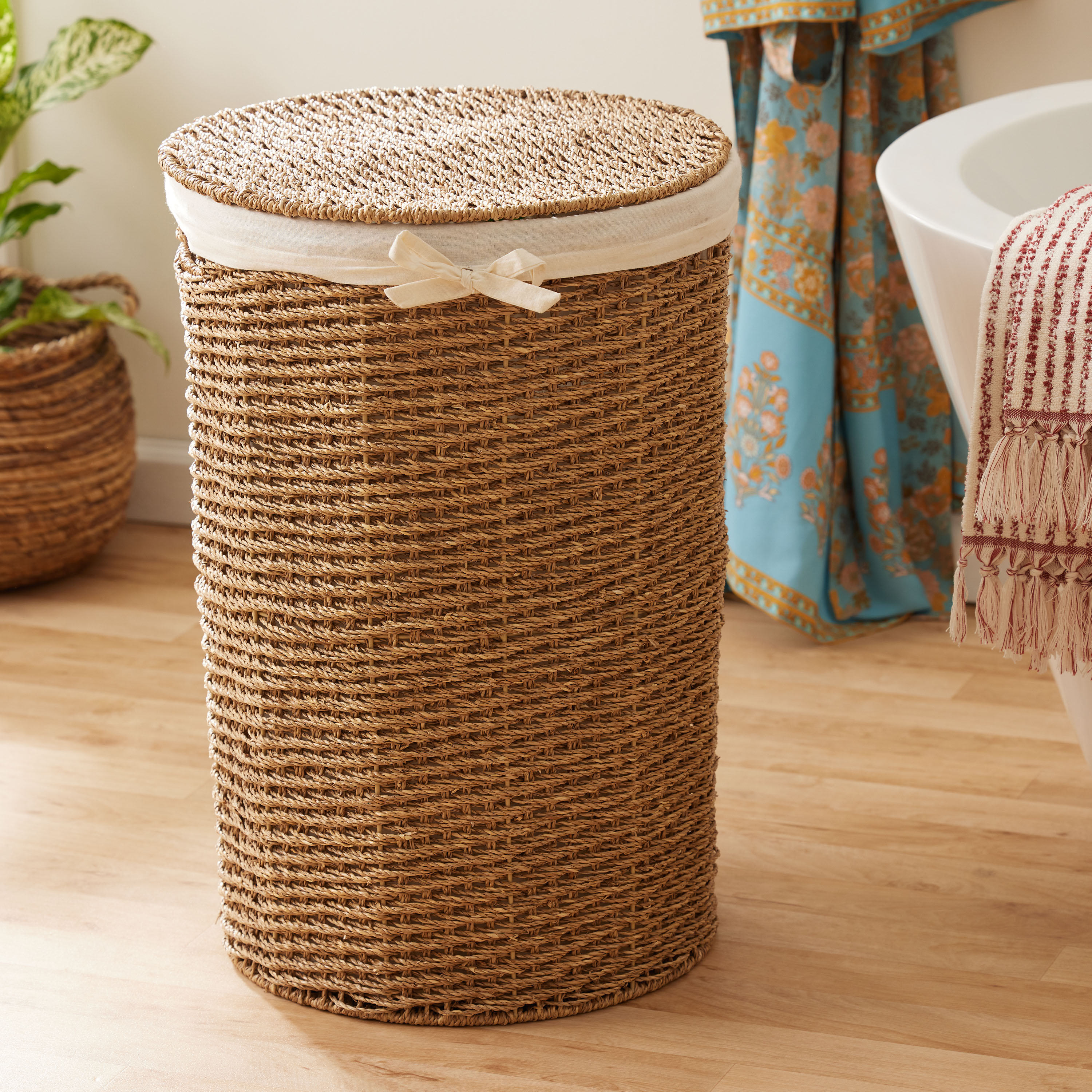Trista Round Seagrass Hamper With Liner And Lid - World Market