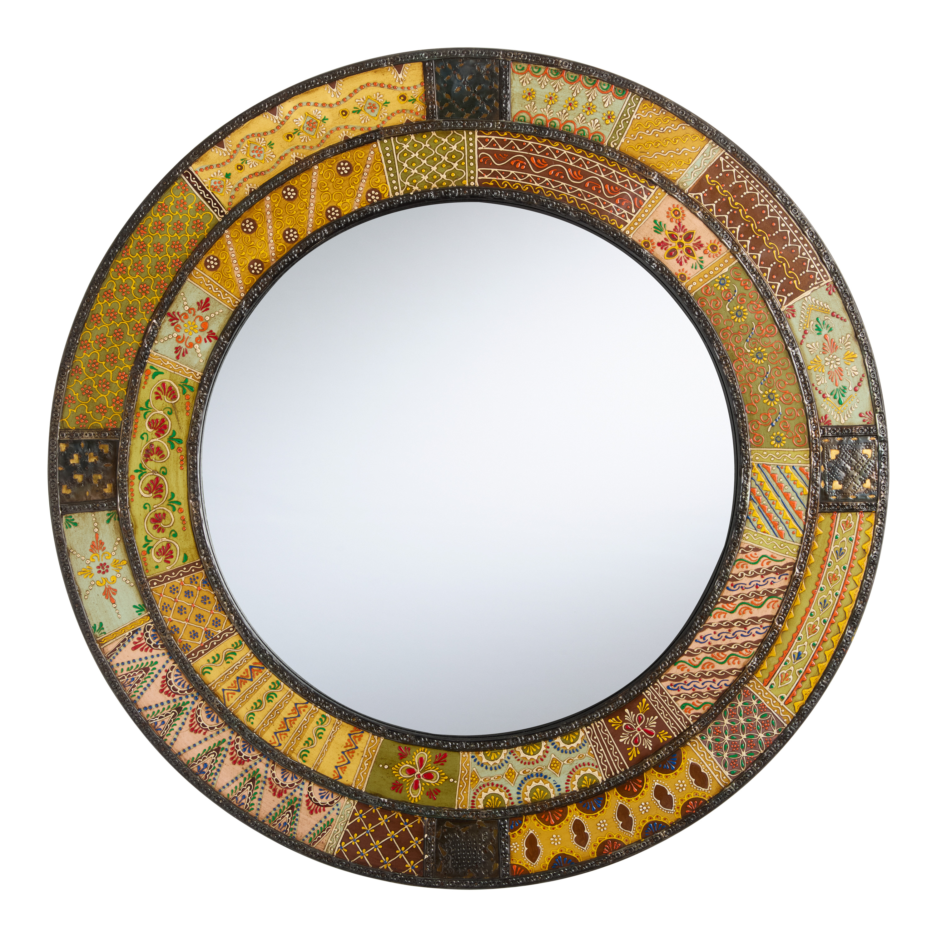 Round Multicolor Hand Painted Metal Patchwork Wall Mirror - World Market