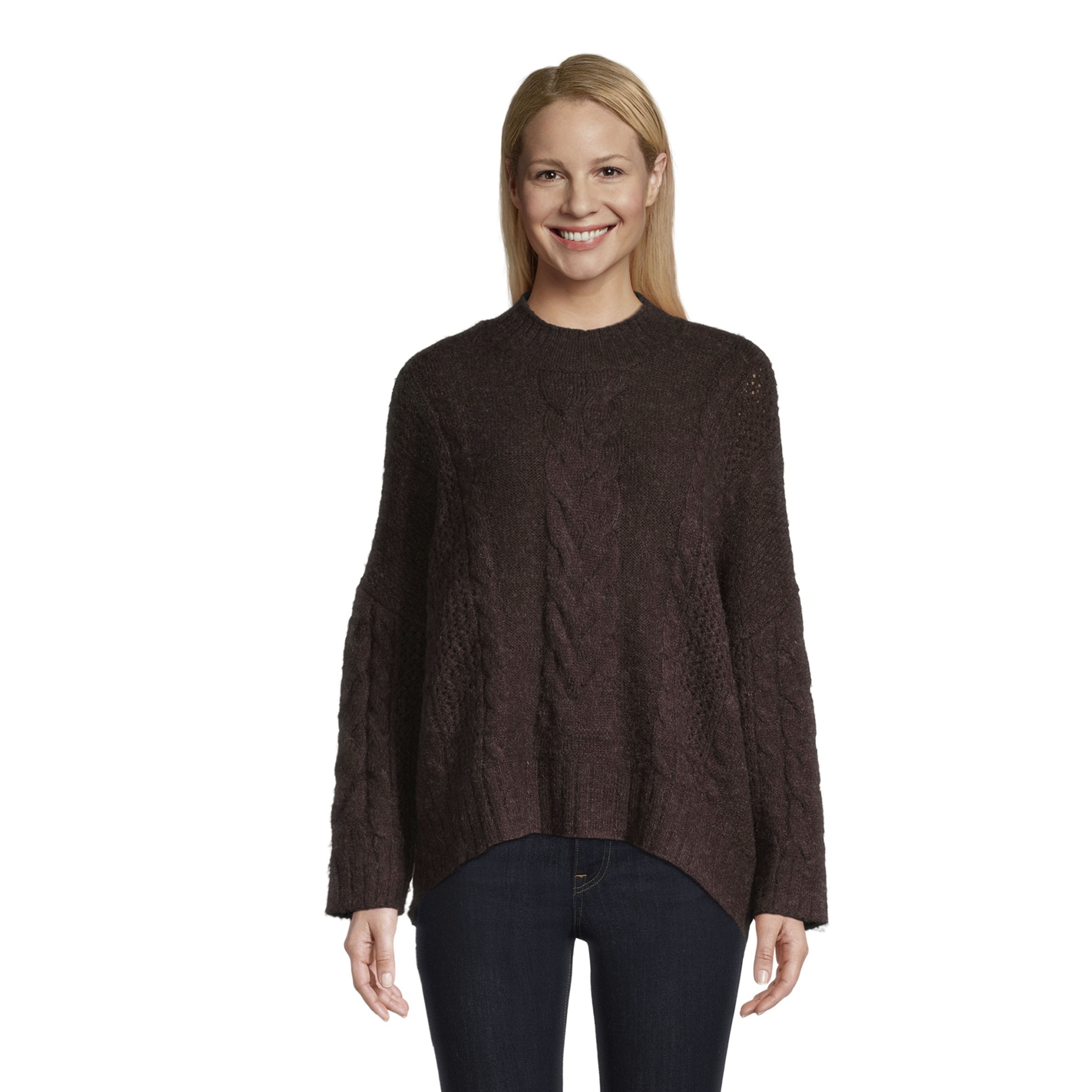 Carlye Oversized Brown Cable Knit Funnel Neck Sweater - World Market