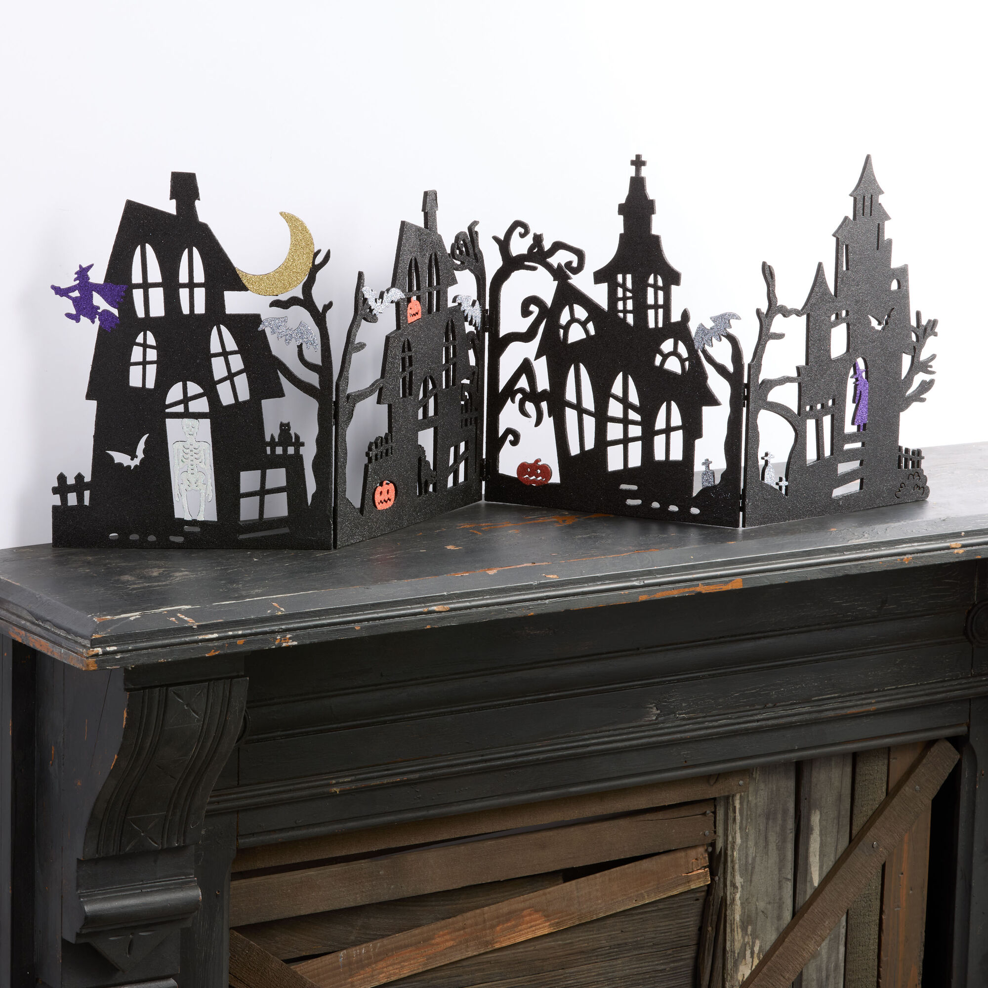 Laser Cut Wood Black Glitter Halloween Folding Scene Decor - World Market