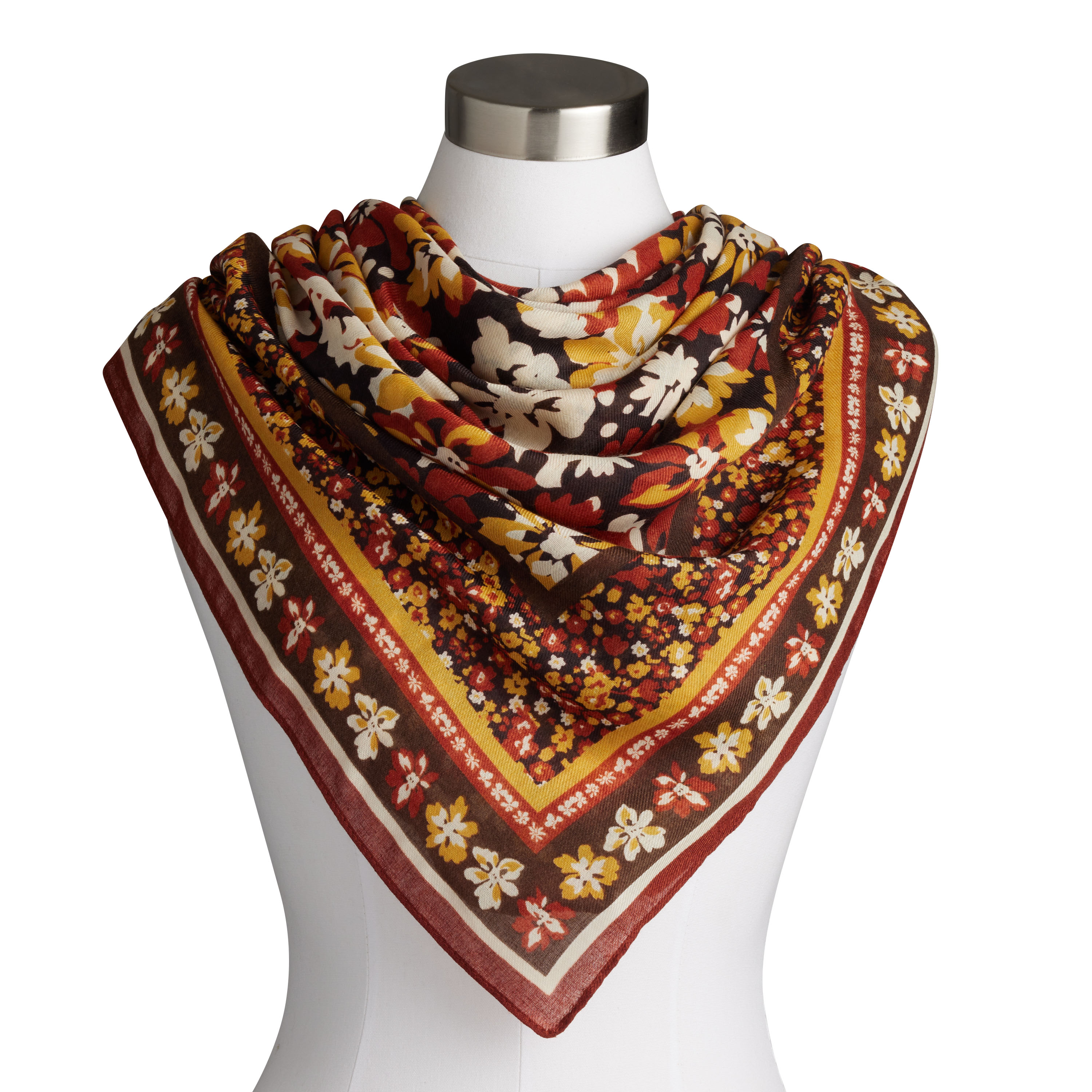 Square Brown And Yellow Retro Floral Recycled Scarf - World Market