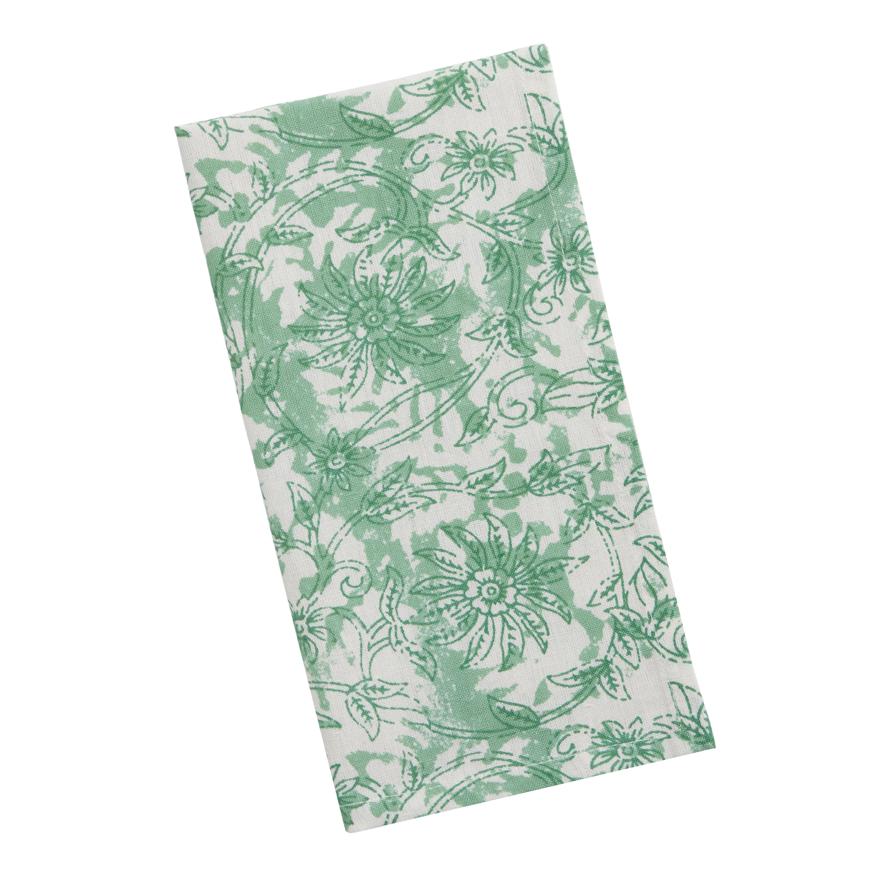 4 World Market Embroidered Botanical White Cloth Napkins Green Leaves 20”  Square