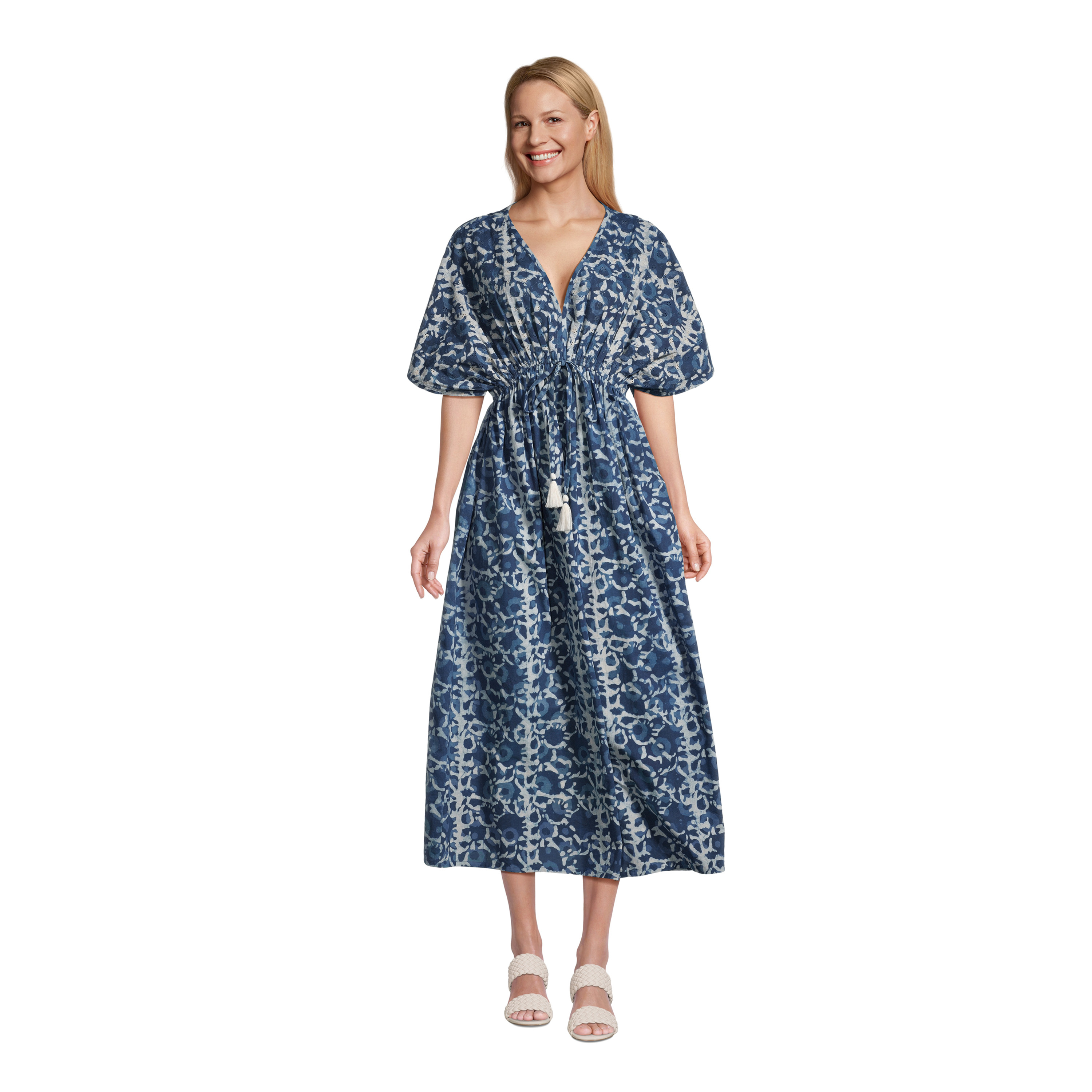 Mira Indigo And White Floral Eyelet Kaftan Dress - World Market