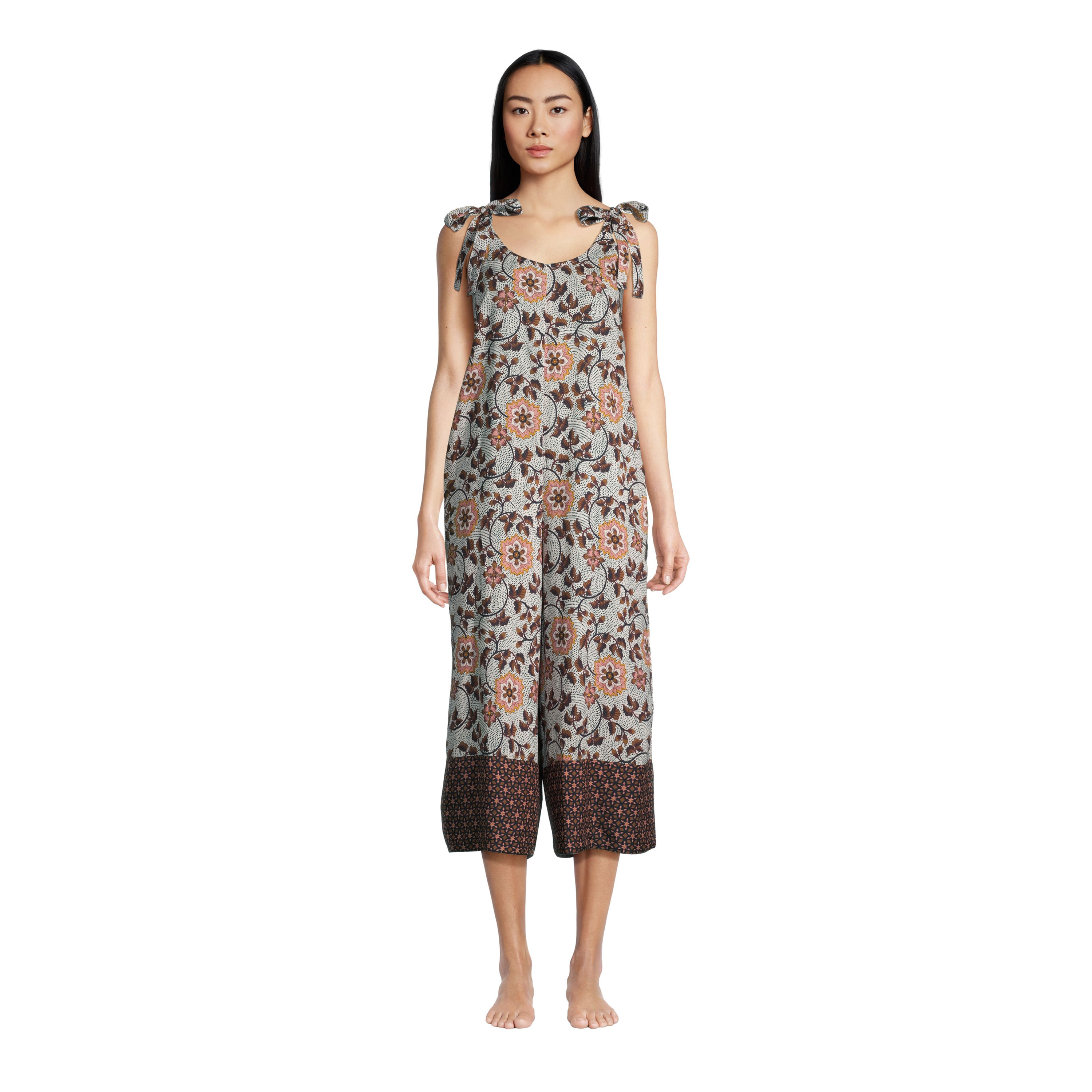 Isabella Peach And Brown Floral Pajama Jumpsuit With Pockets - World Market