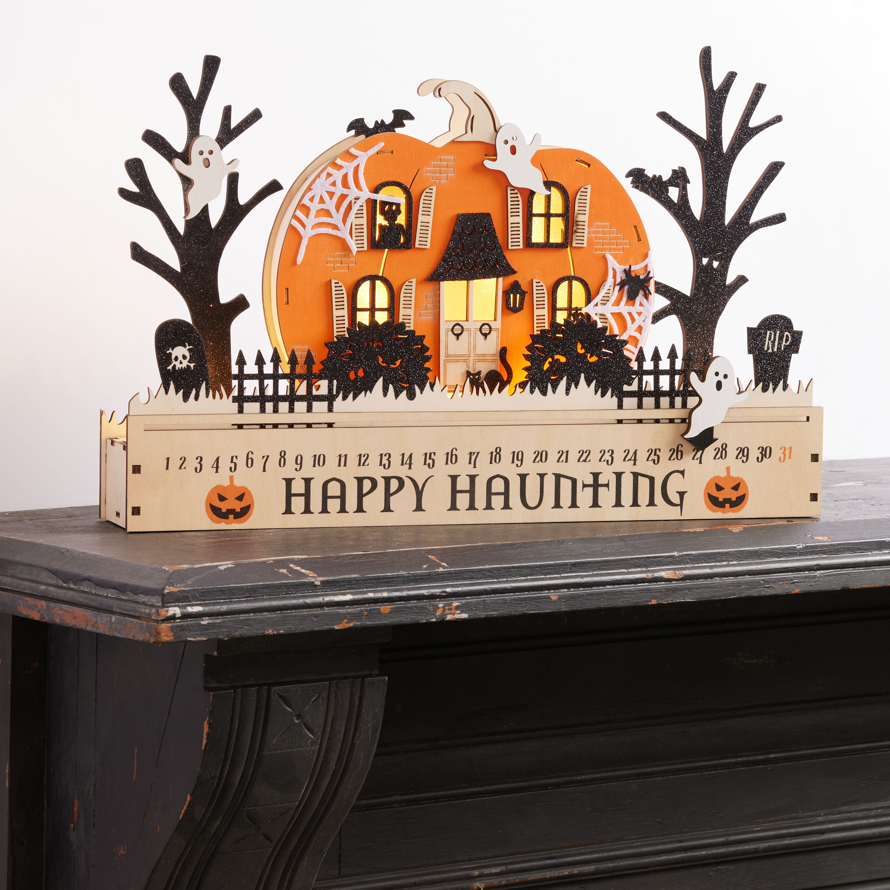 Set: 3 NWT World Market Halloween Laser Cut store Wood Mid Century LED Light Up Decor