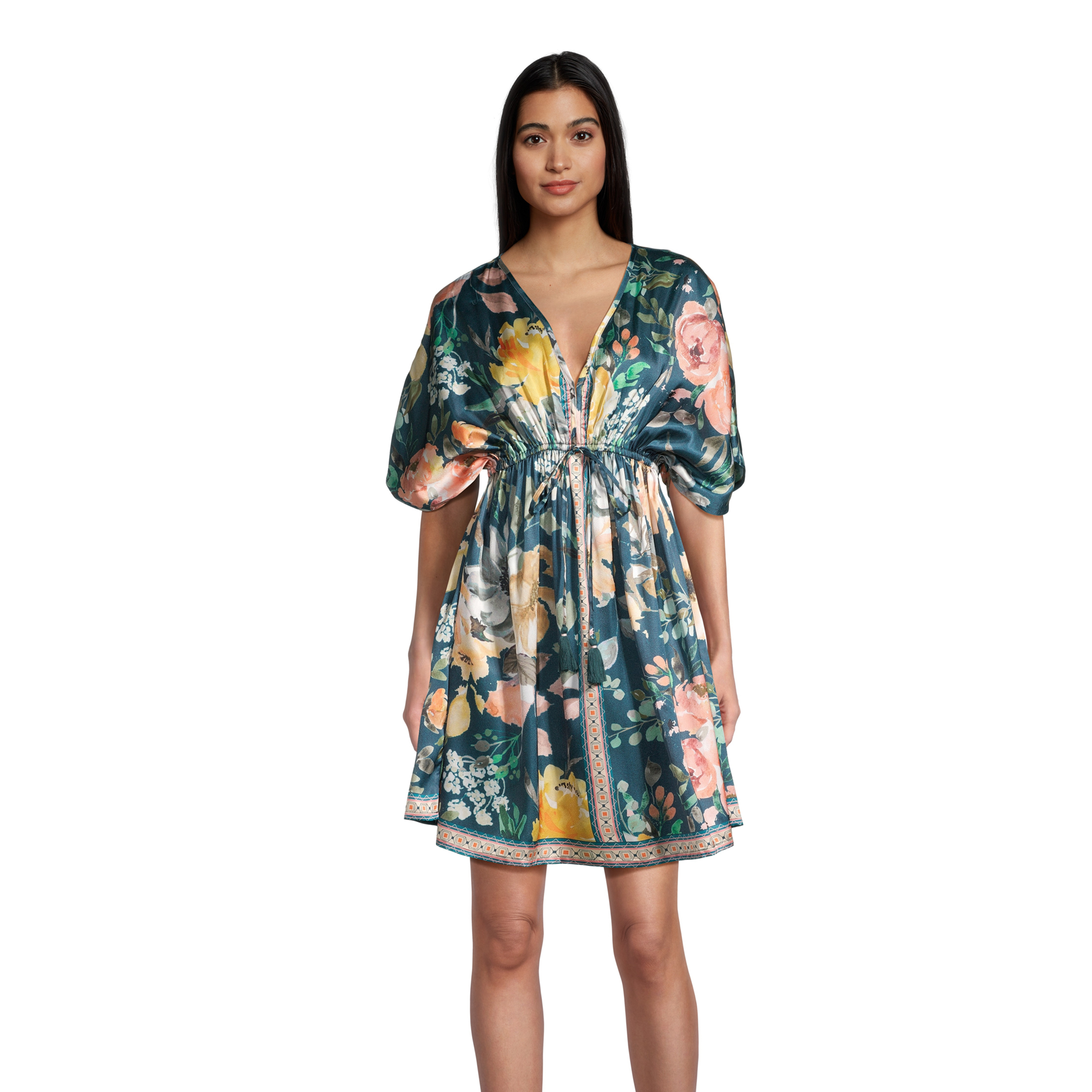 Mira Teal Satin Waikiki Floral Short Kaftan Dress - World Market