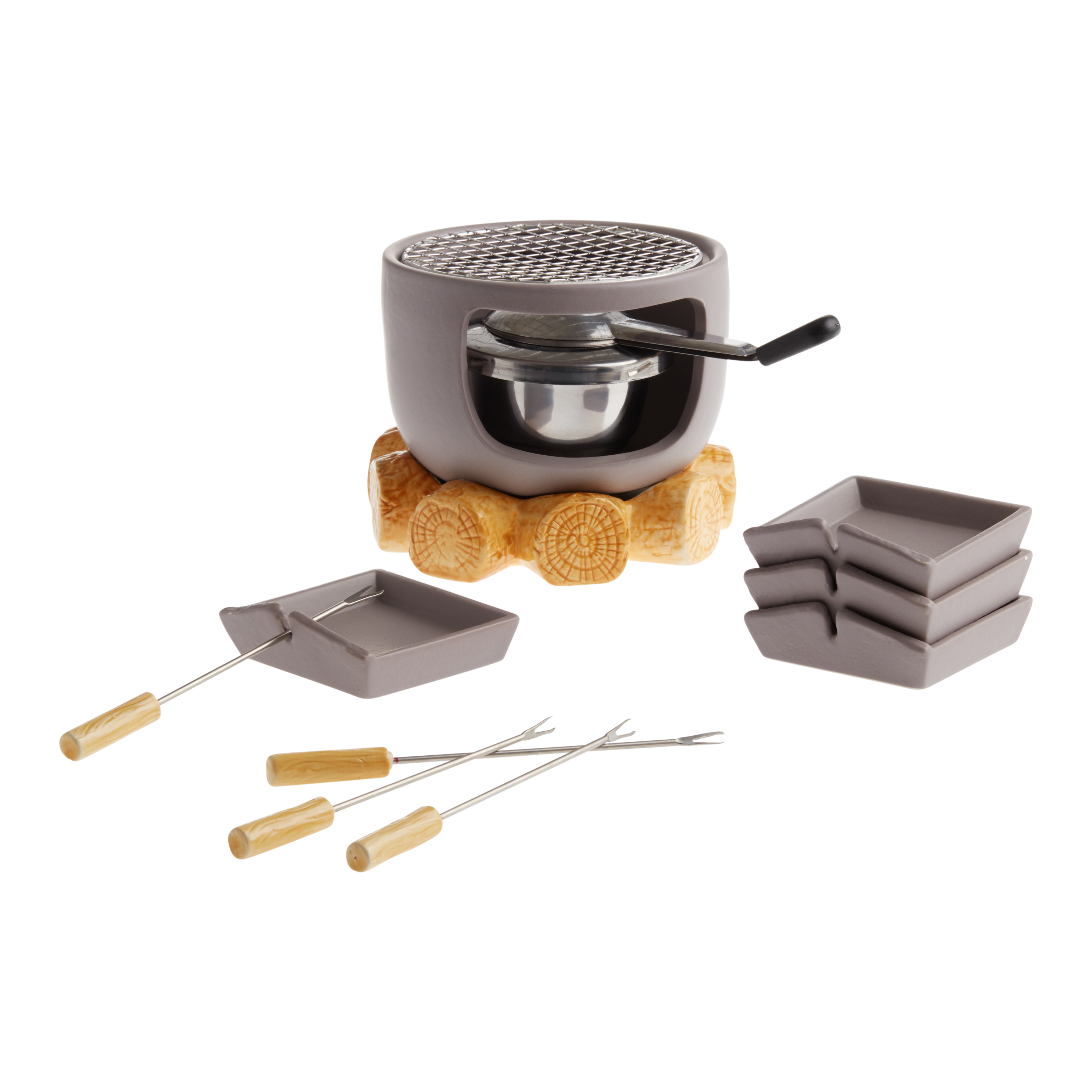 Small Red Ceramic Fondue Pot and Forks 5 Piece Gift Set - World Market