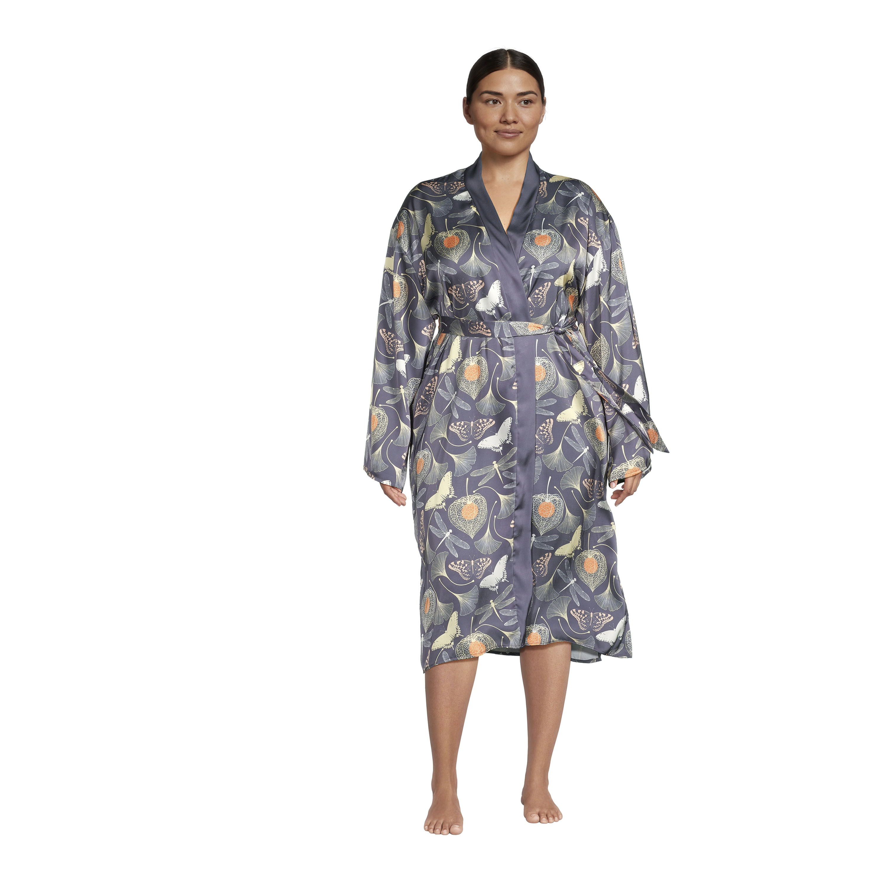 Navy Blue Satin Gingko Leaf Butterfly Robe - World Market