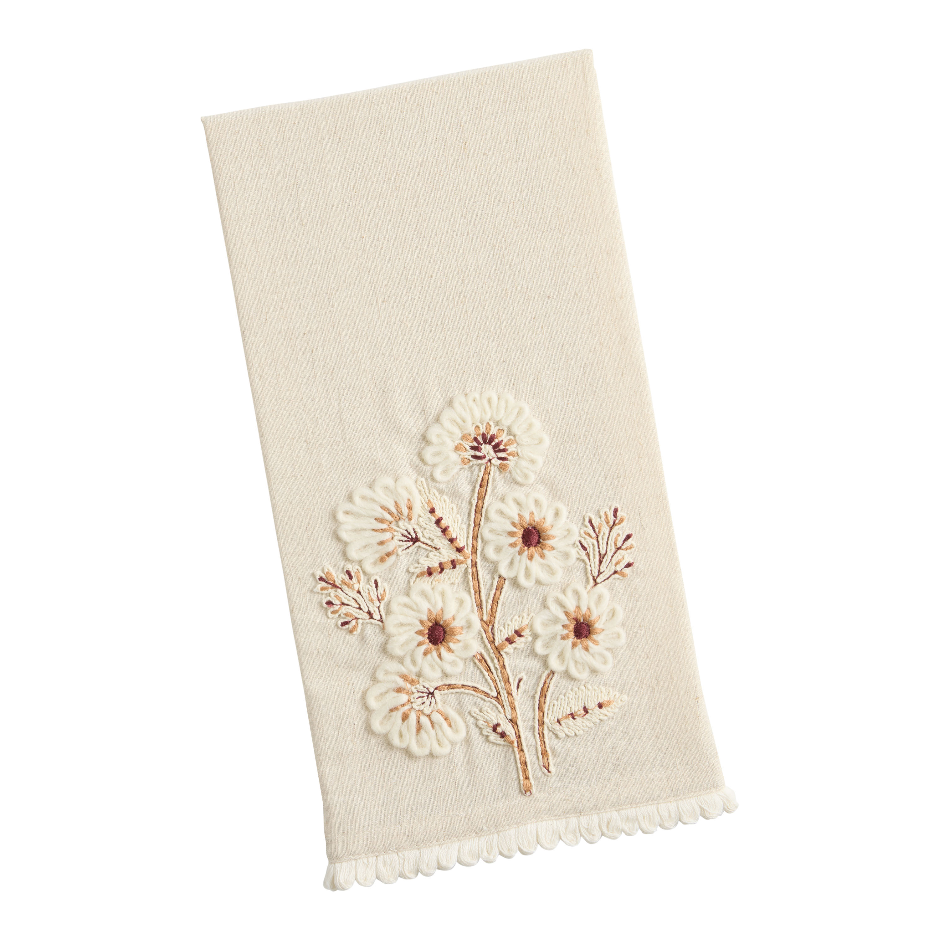 Oatmeal and White Embroidered Floral Kitchen Towel - World Market