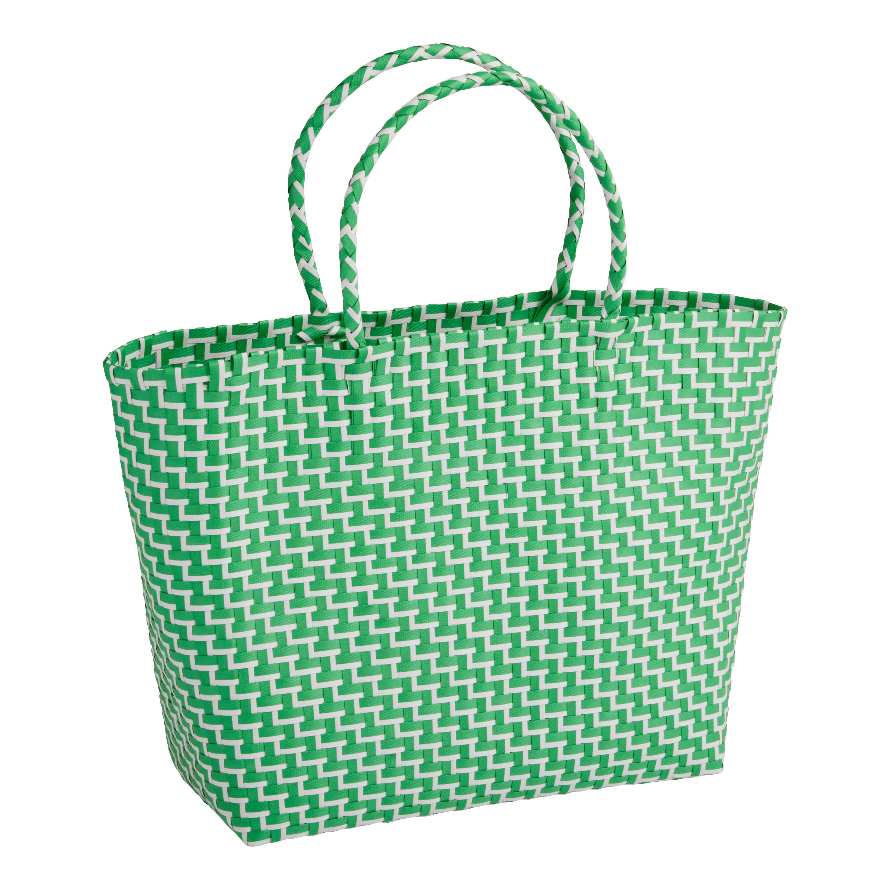 Green And White Woven Straw Tote Bag - World Market